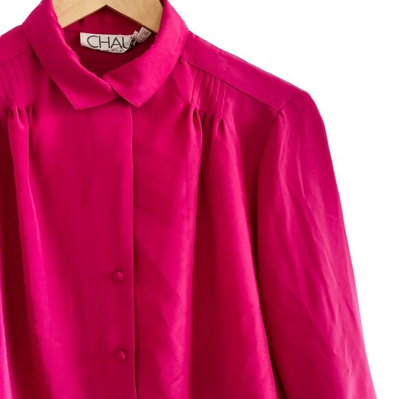 Vintage hot pink chiffon lightweight secretary blouse shoulder pleats size M - Picture 2 of 8